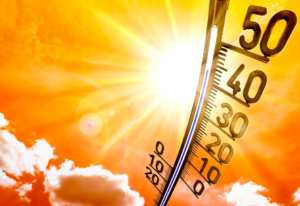 Keeping elderly people well in a heatwave. This image is predominantly yellow in colour. It shows a blazing sun which is white with strong yellow and orange rays. There is a little fluffy white cloud to the bottom left of the image and a large slightly curved temperature gauge to the right. It is showing the temperature to be in the mid 40's